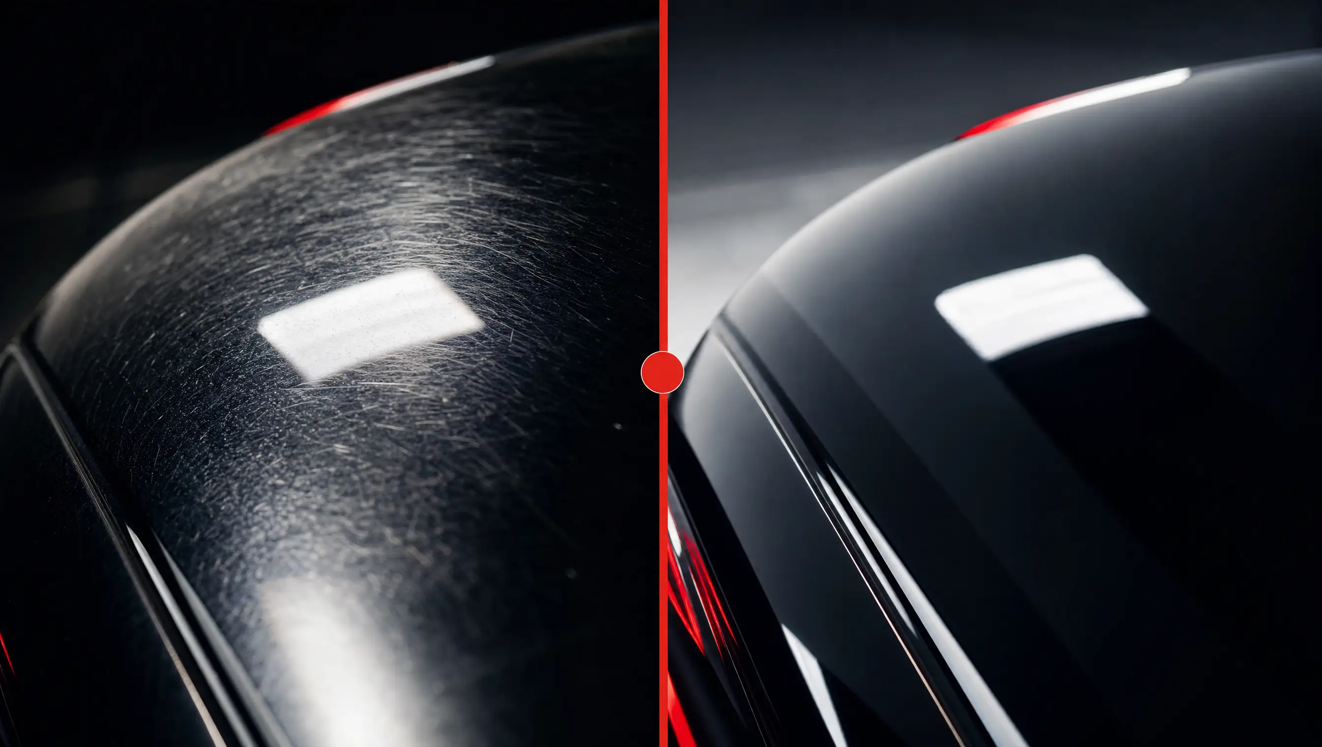Swirled paint versus a self-healed mirror finish on car paint